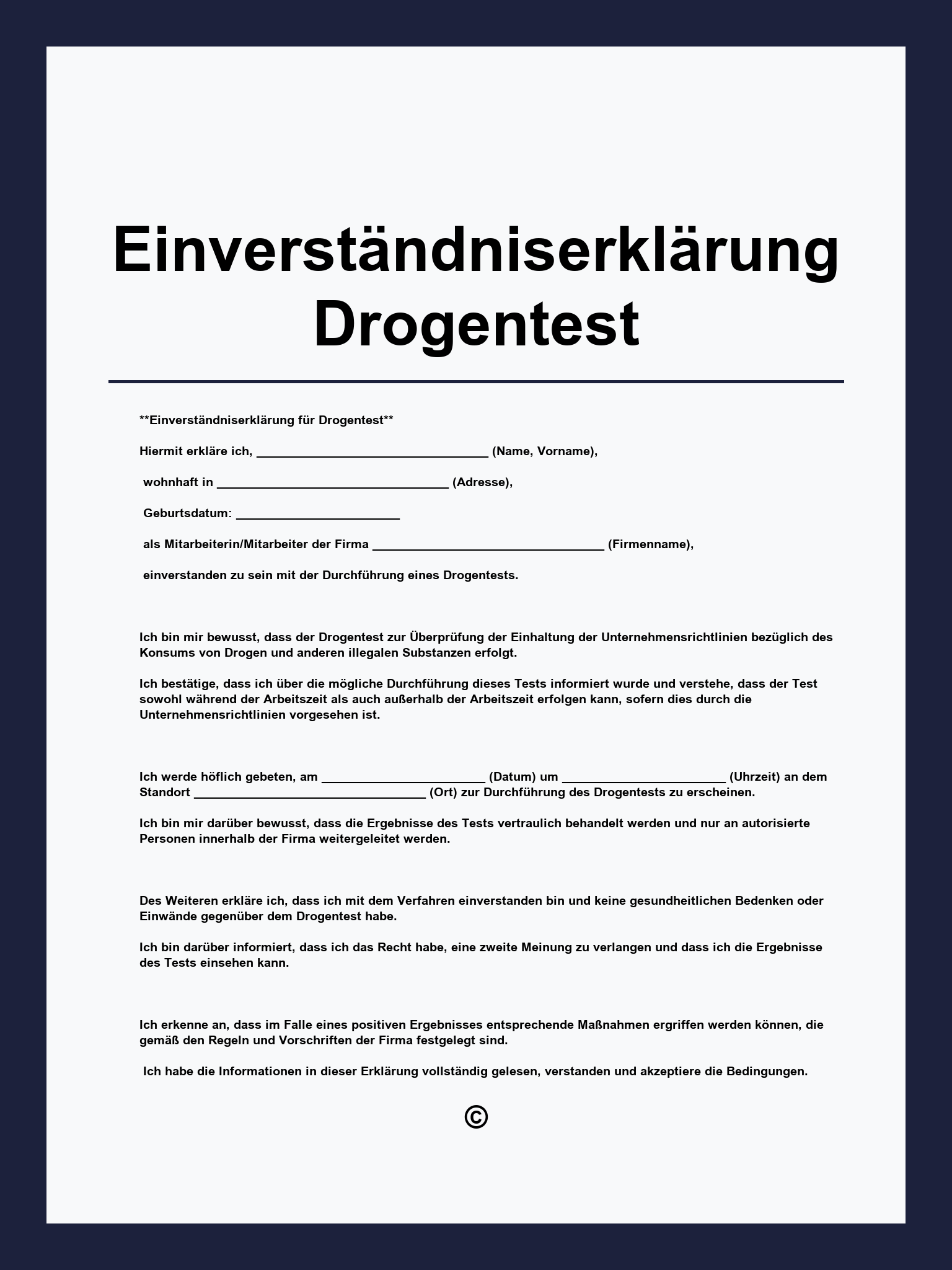 Einverständniserklärung Drogentest Muster