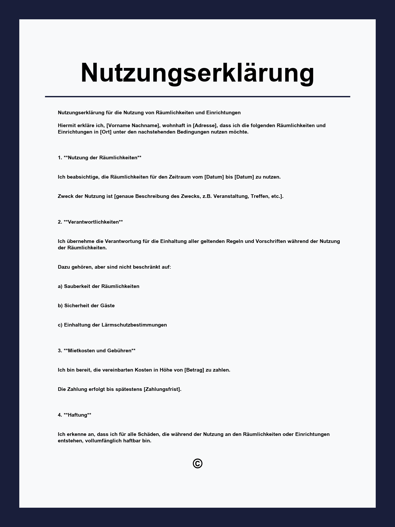 Nutzungserklärung Vorlage