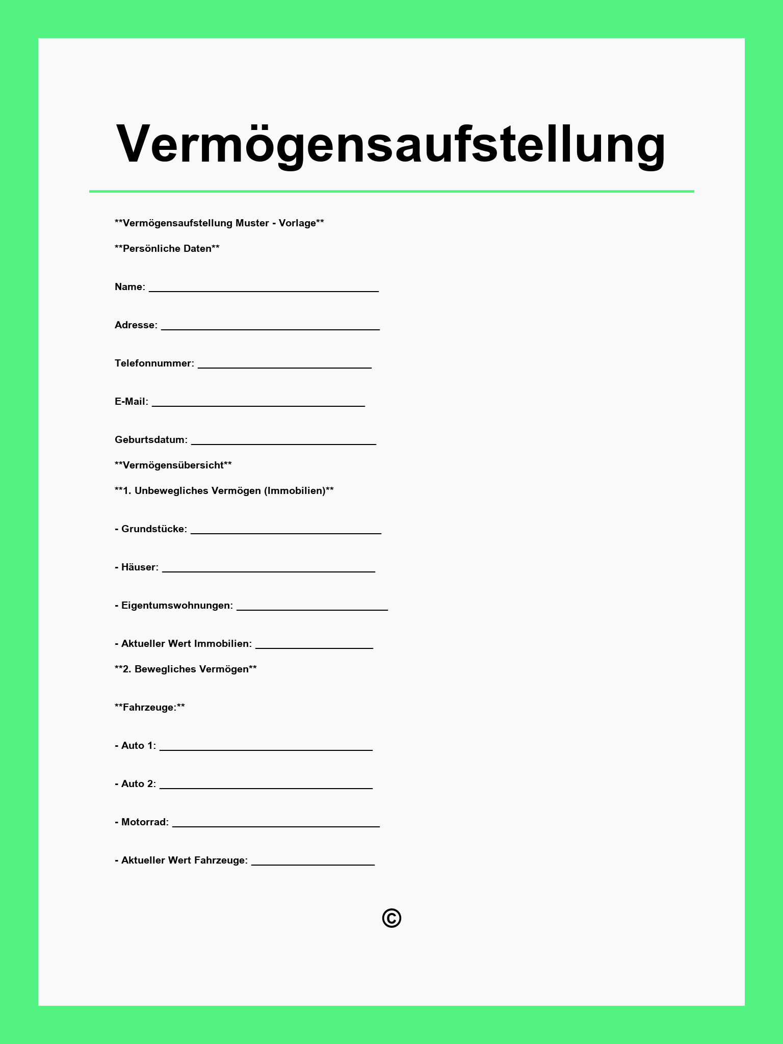 Vermögensaufstellung Vorlage